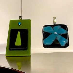 Modern Glass Pendant Set - Green and Blue